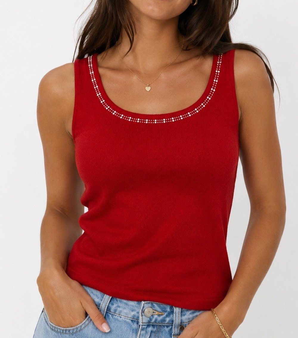 St John Santana Knit Shell Tank Top Sleeveless Red Rhinestone Blouse Scoop M VTG
